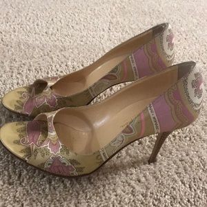 Cole Haan satin pink paisley peep toe.